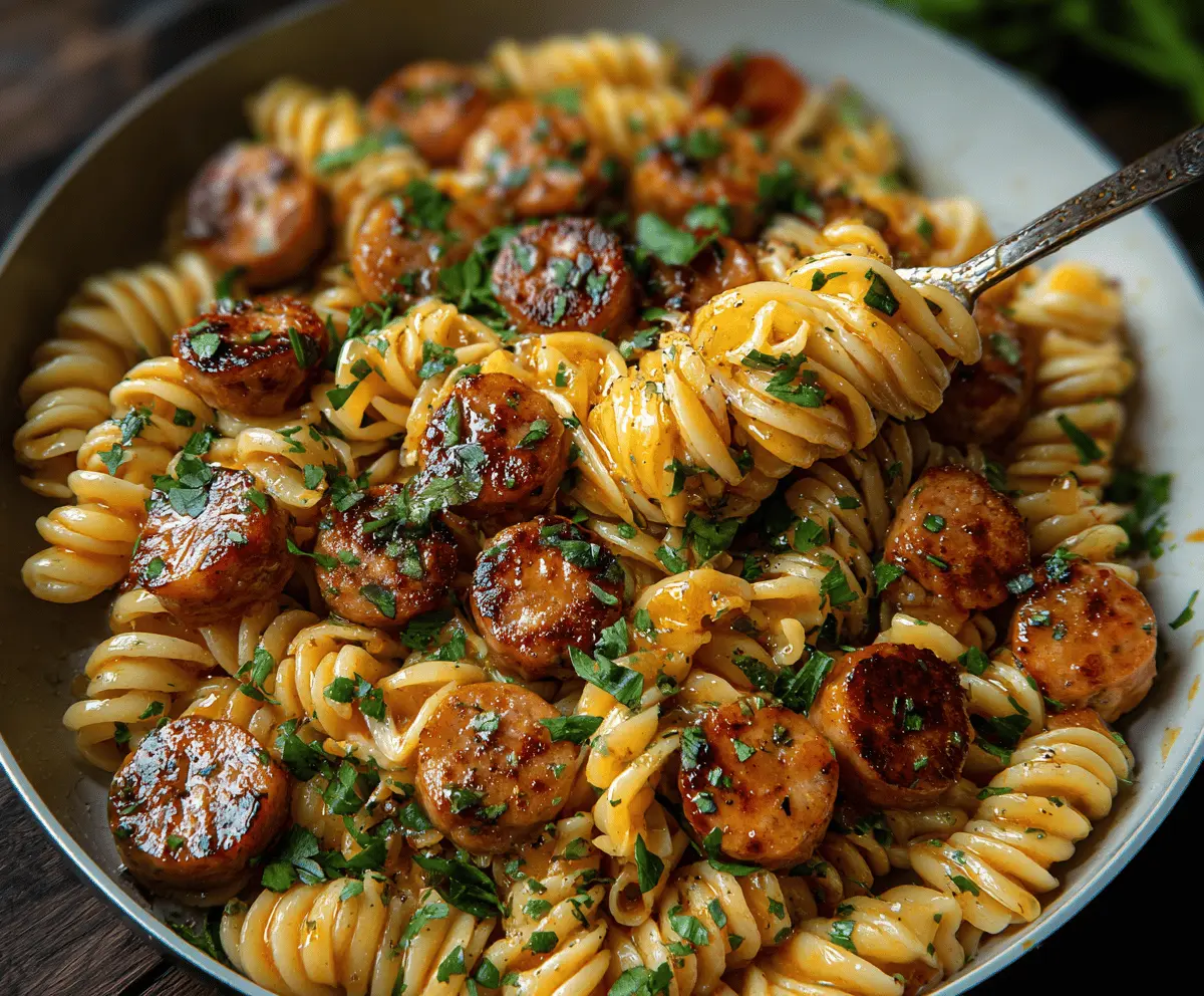 Easy Sticky Honey Garlic Sausage Pasta Skillet