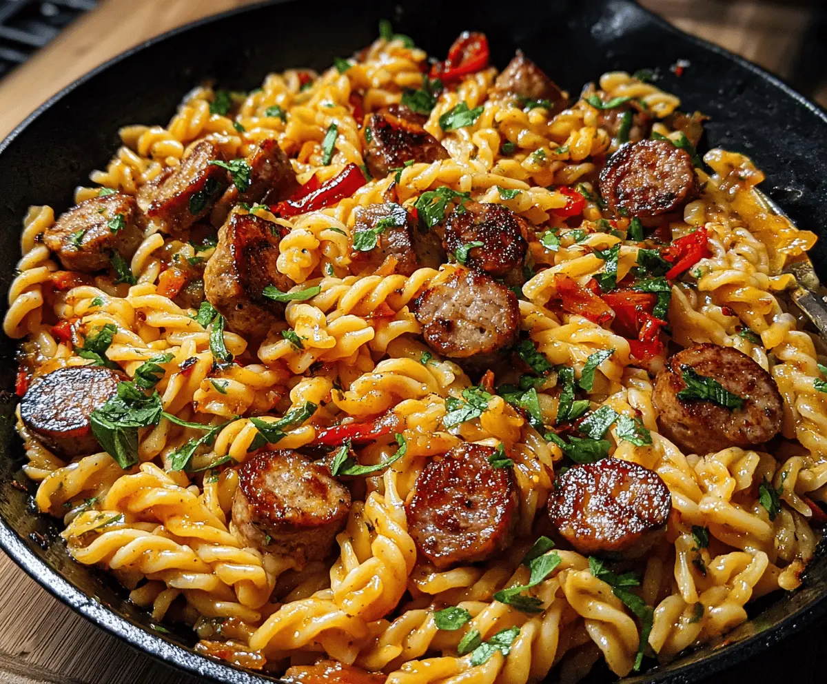 Easy Sticky Honey Garlic Sausage Pasta Skillet