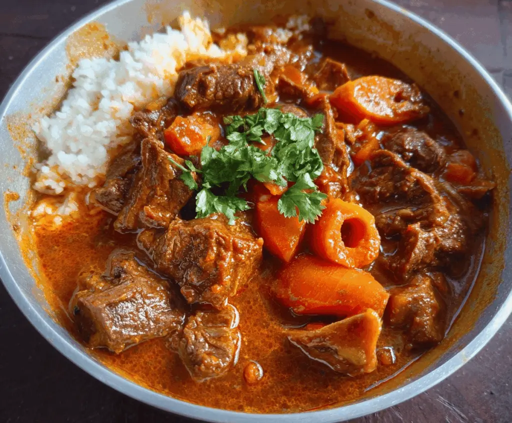 Savory African Beef Stew featuring tender beef chunks, fresh vegetables, and rich spices served in a rustic bowl