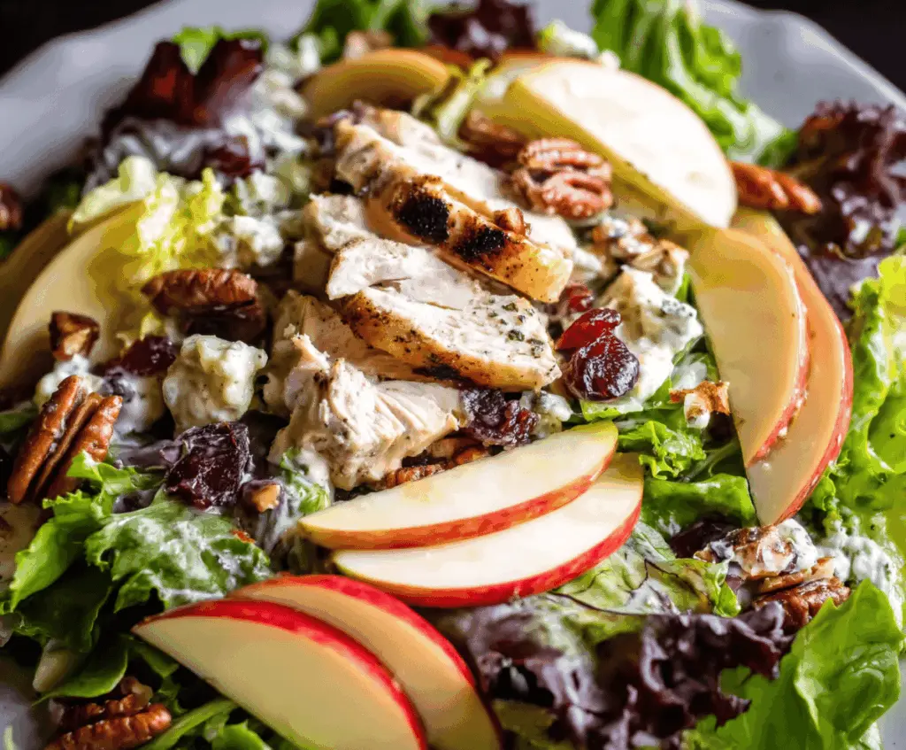 Fresh apple pecan chicken salad with mixed greens, sliced apples, toasted pecans, and grilled chicken drizzled with vinaigrette.