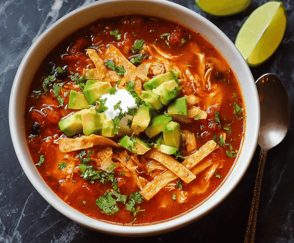 A steaming bowl of authentic chicken tortilla soup topped with fresh cilantro, avocado slices, shredded cheese, and crispy tortilla strips, served in a rustic bowl with lime wedges on the side.