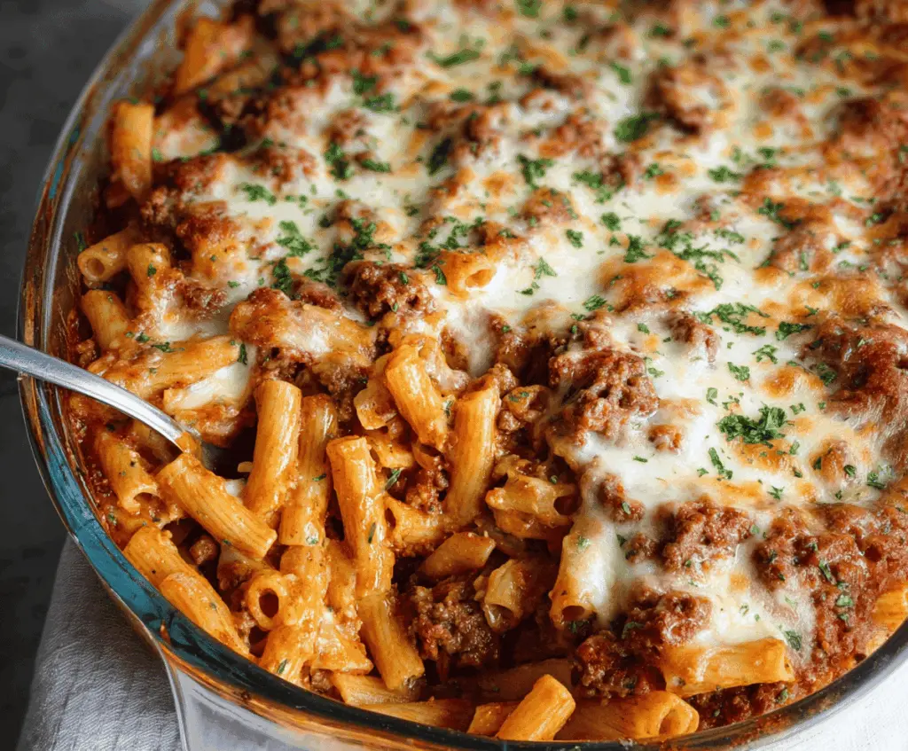 Delicious baked ziti with ground beef, melted cheese, and marinara sauce served in a casserole dish
