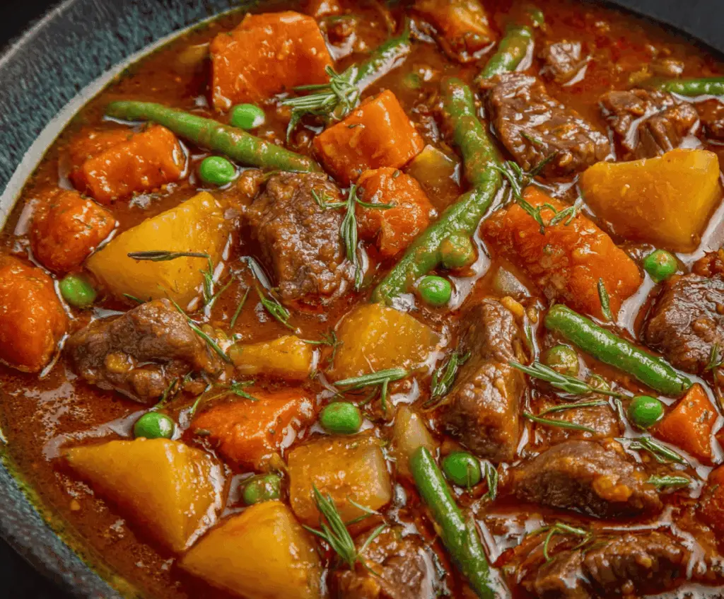 Hearty beef and vegetable stew with tender meat, carrots, potatoes, and peas in a savory broth served in a rustic bowl.