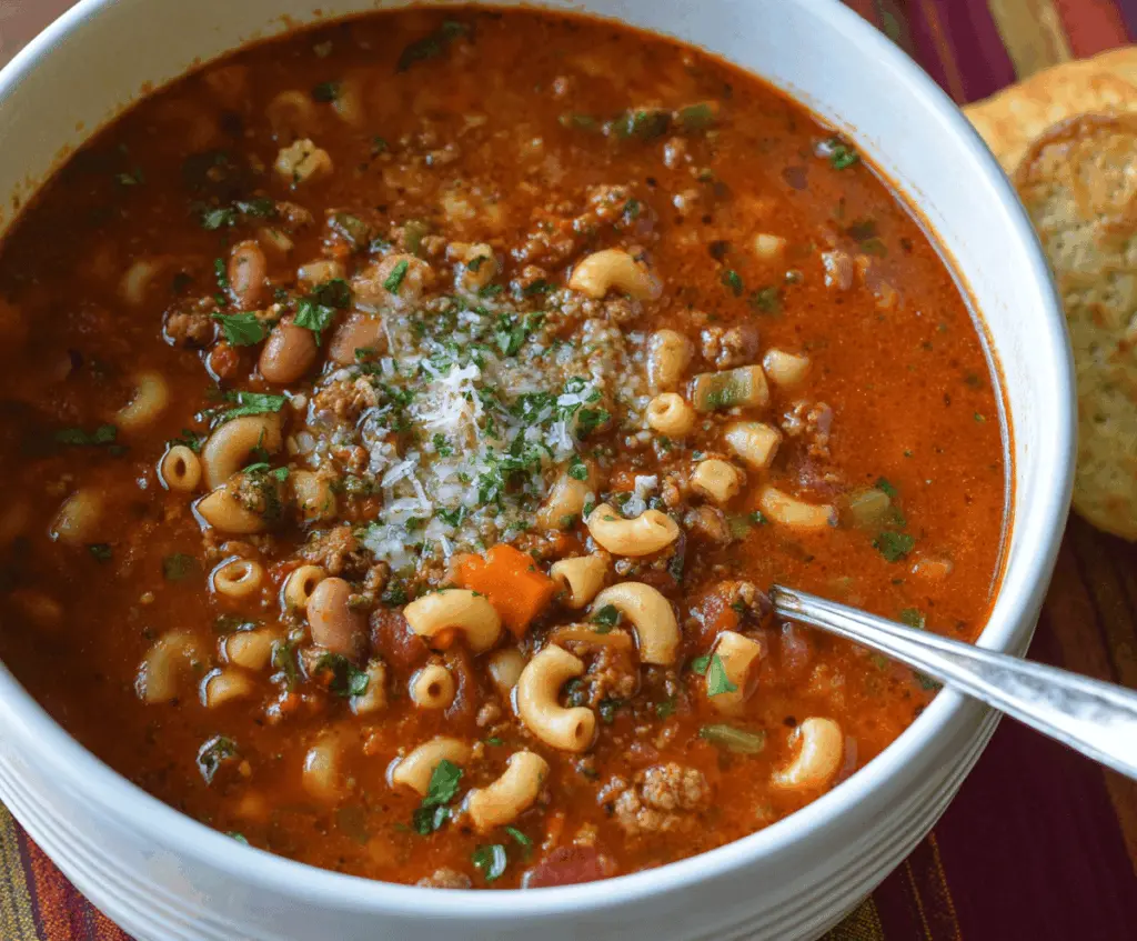 A bowl of hearty Pasta Fagioli Soup garnished with fresh herbs, featuring beans, pasta, and vegetables in a flavorful broth.