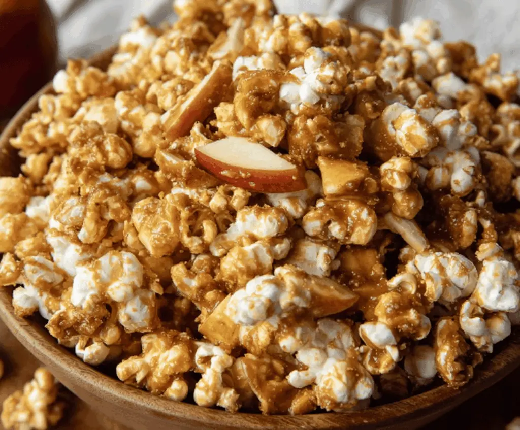 Sweet caramel apple popcorn topped with chopped apples and drizzle for a delicious fall treat