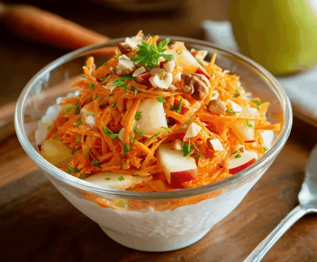 Fresh carrot and apple salad featuring shredded carrots, crisp apple slices, and a light dressing, perfect for a healthy snack or side dish.