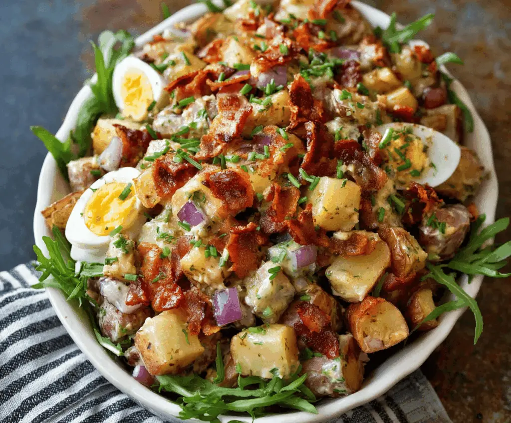 A plate of classic potato BBQ side salad featuring chopped potatoes, herbs, and a creamy dressing, perfect as a flavorful summer barbecue accompaniment.