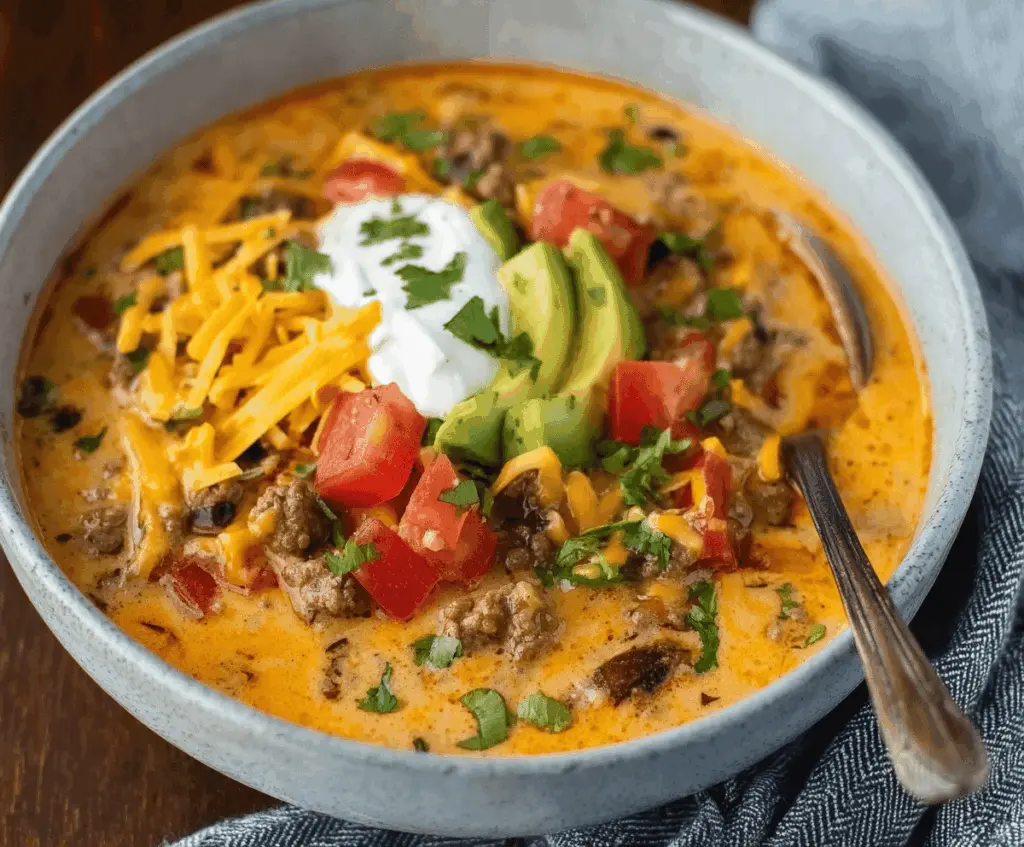 Creamy cheesy ground beef taco soup in a bowl topped with shredded cheese, fresh cilantro, and diced tomatoes, served with tortilla chips