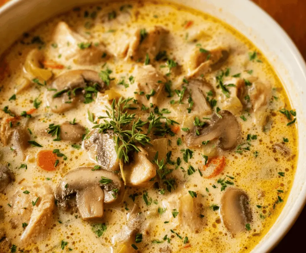 Creamy Chicken and Mushroom Stew in a bowl with fresh herbs and toasted bread on the side