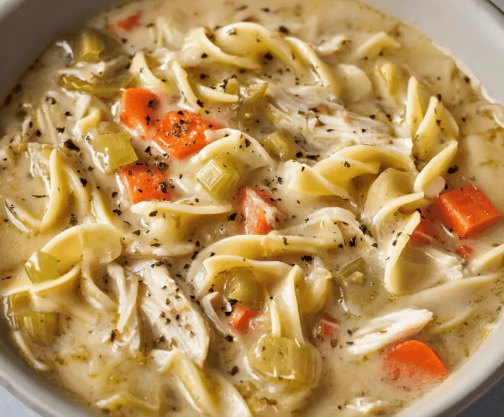 A bowl of creamy chicken noodle soup with tender chicken, vegetables, and noodles in a rich, velvety broth, garnished with fresh herbs.