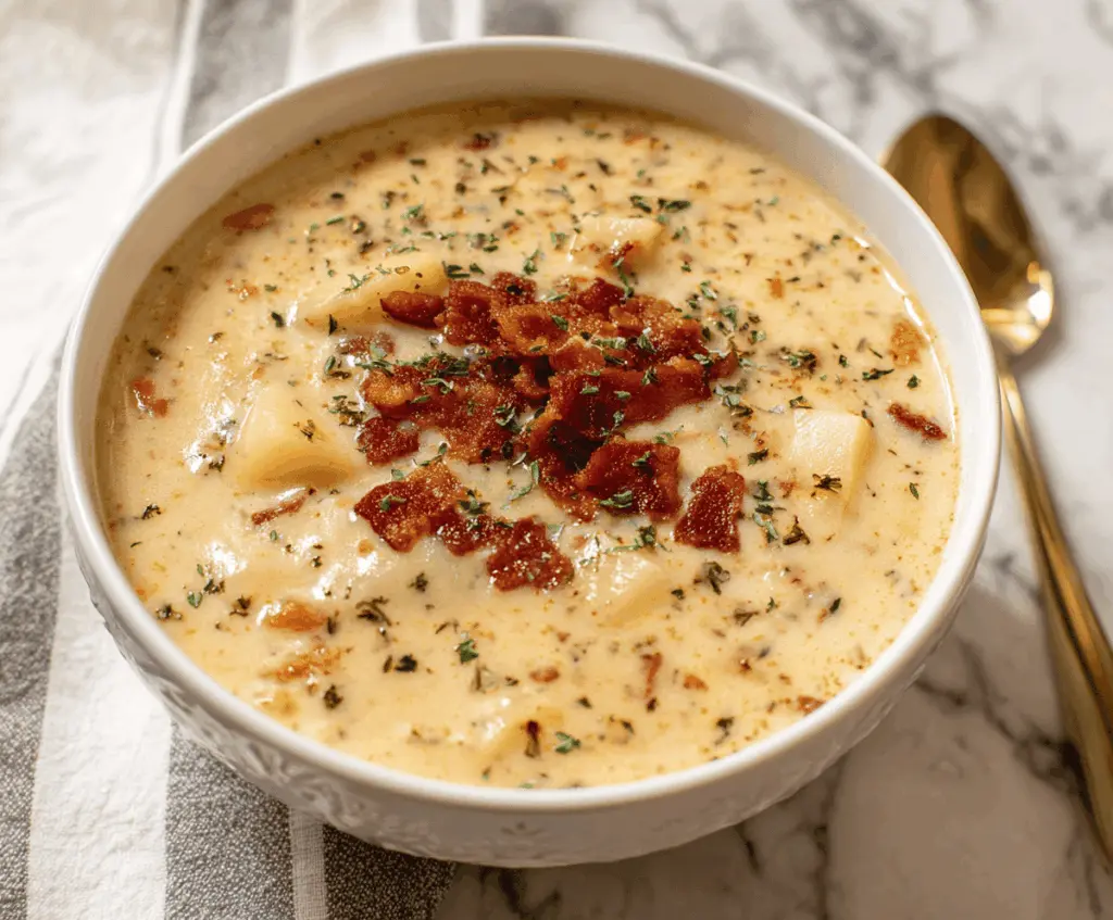 Creamy potato soup topped with crispy bacon bits in a bowl, garnished with fresh herbs, served alongside crusty bread
