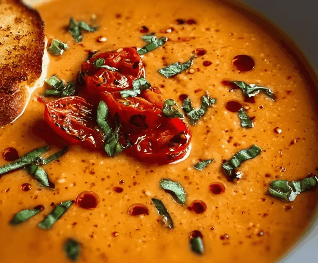 Creamy roasted garlic tomato soup in a bowl garnished with fresh basil leaves, served with crusty bread on a rustic wooden table
