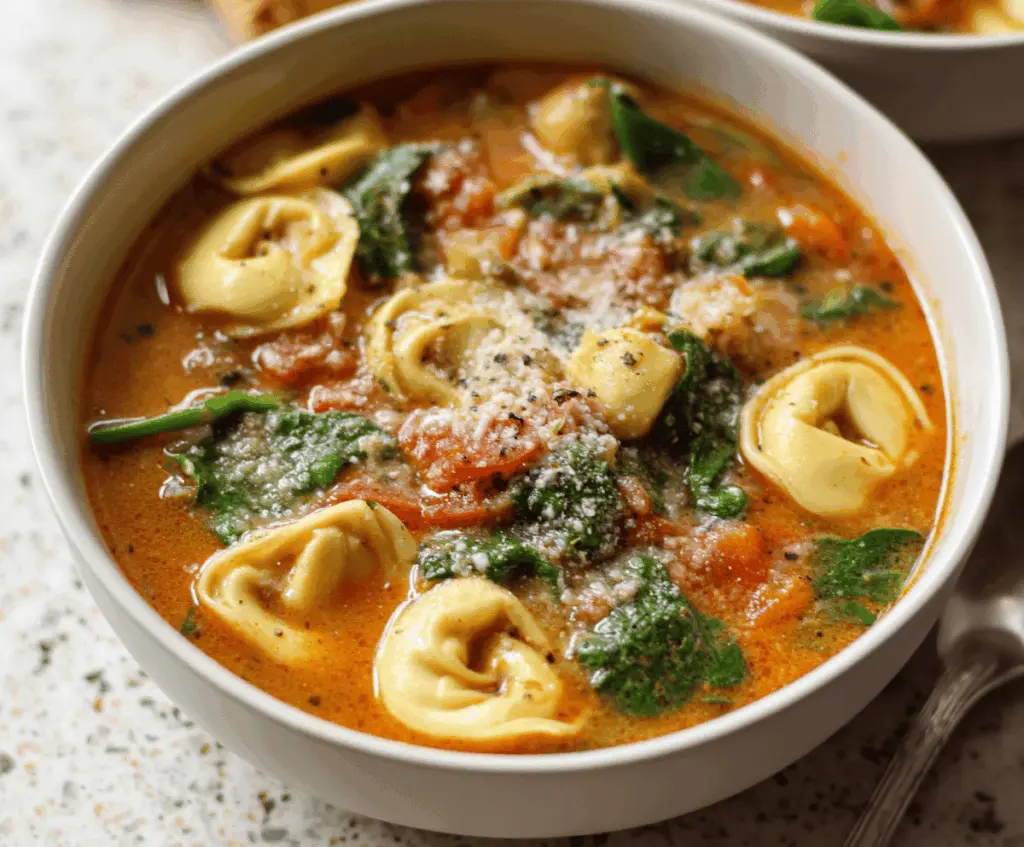 Creamy Crockpot Tortellini Soup in a white bowl garnished with fresh herbs and grated cheese, perfect for a comforting and hearty meal