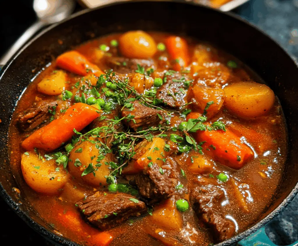 Hearty Dutch Oven Beef Stew with tender beef chunks, vegetables, and herbs in a rustic pot, perfect for comforting meals.