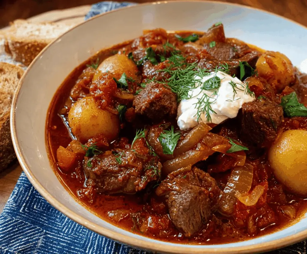 Hearty Greek Beef Stew with tender beef chunks, vegetables, and herbs served in a rustic bowl, perfect for a comforting meal