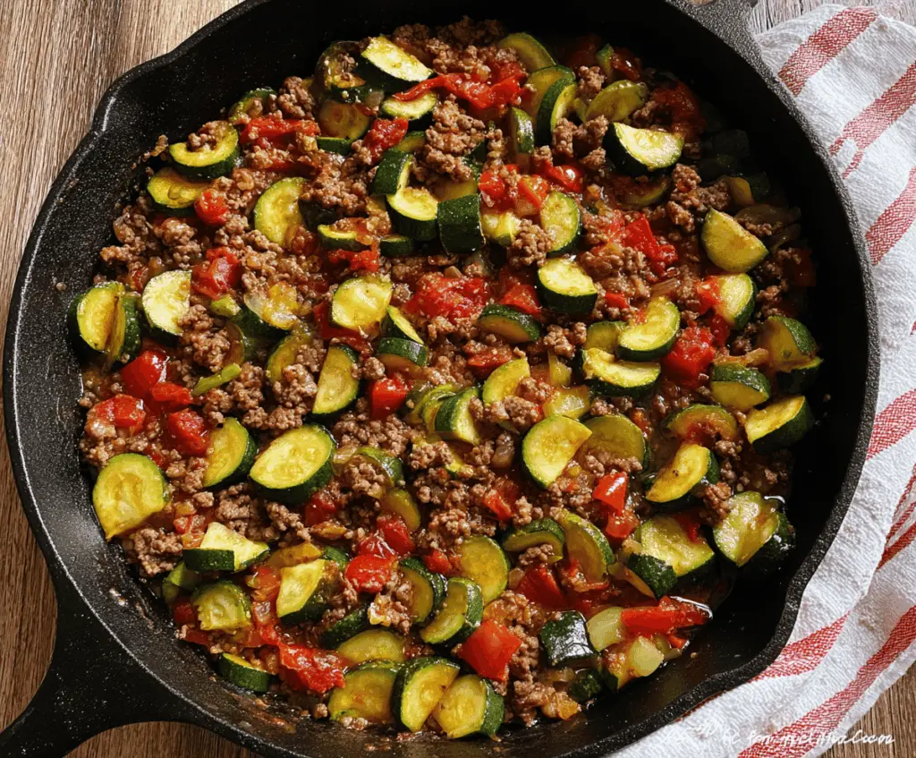 Delicious Ground Beef and Zucchini Skillet served on a plate, featuring cooked ground beef, fresh zucchini slices, and colorful vegetables in a savory skillet dish.