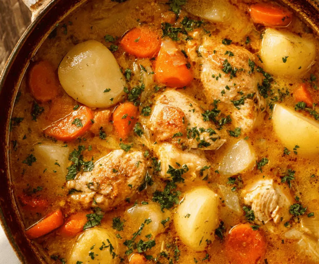 A bowl of hearty chicken stew loaded with fresh vegetables like carrots, potatoes, celery, and herbs, served in a rustic dish for a comforting meal.