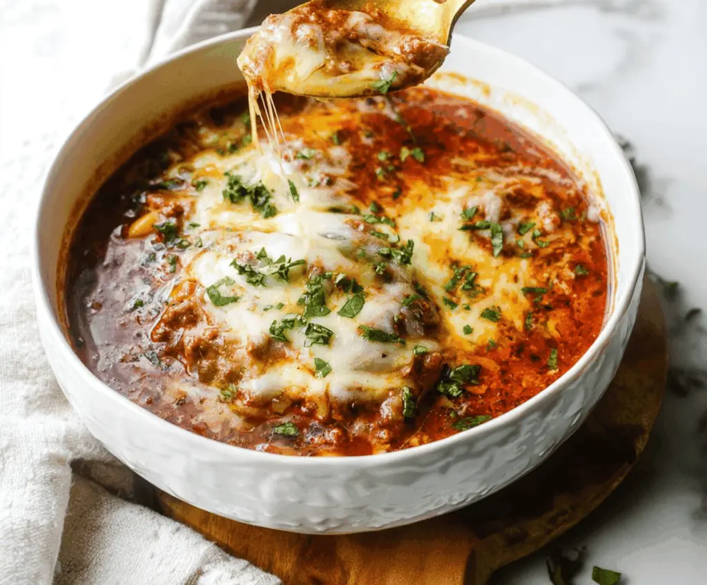 Delicious high-protein lasagna soup in a bowl topped with melted cheese, fresh basil, and garnished with herbs, ready to serve.