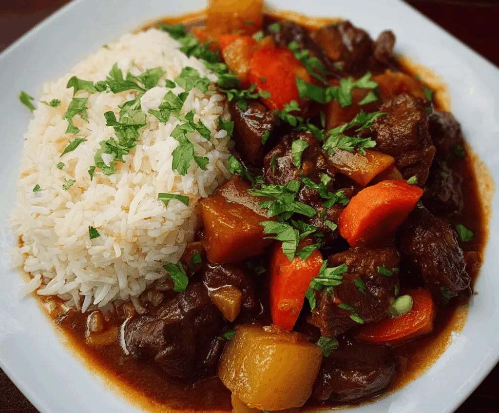 Delicious Jamaican Beef Stew served with fluffy white rice, showcasing tender beef, flavorful spices, and vibrant herbs on a colorful plate.