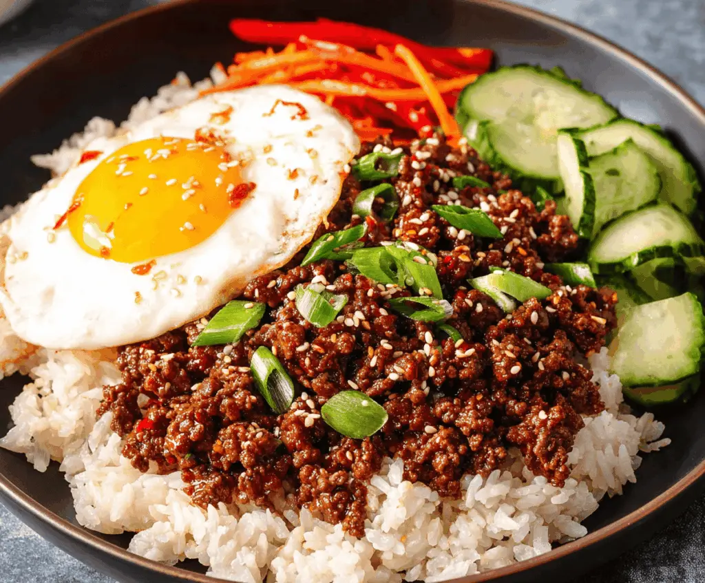 Delicious Korean Ground Beef Bowls topped with sliced green onions and sesame seeds, served over rice in a bowl.