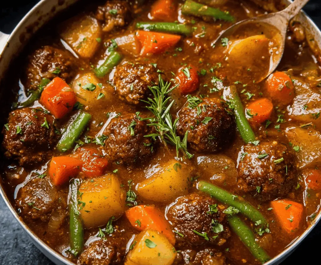 Delicious one-pot meatball stew with savory meatballs, vegetables, and rich broth in a cozy bowl