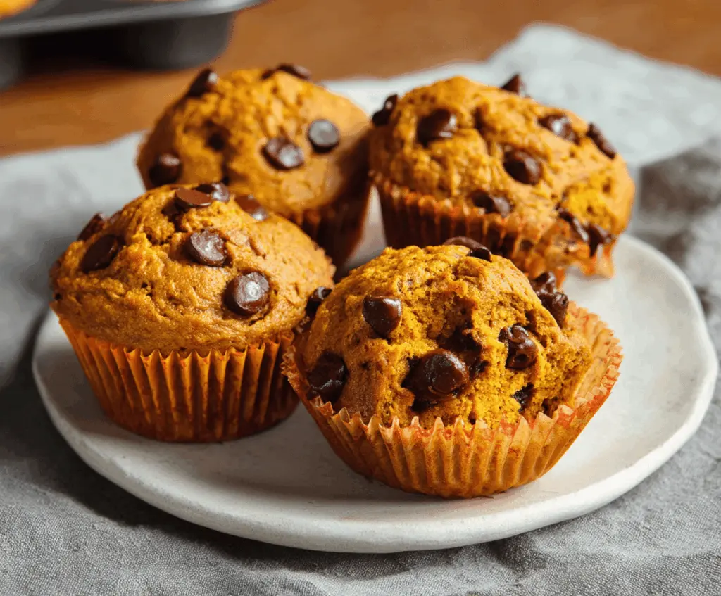 Delicious homemade pumpkin chocolate chip muffins with moist crumb and chocolate chunks, perfect for fall treats