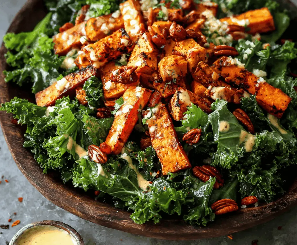 Colorful roasted sweet potato and fresh kale salad with vibrant vegetables and light dressing, perfect for a healthy meal