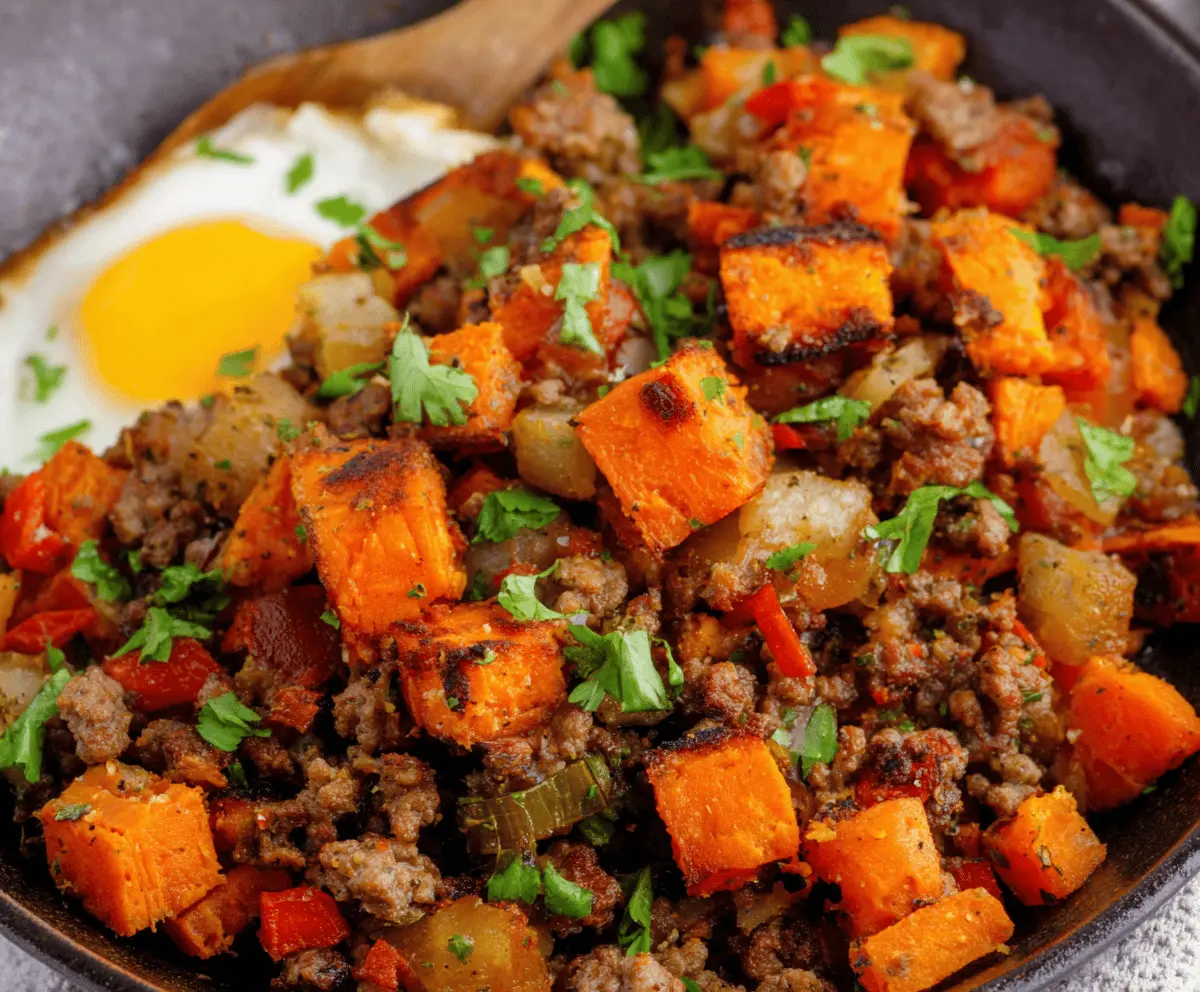 Sheet-Pan Ground Beef and Sweet Potato Hash