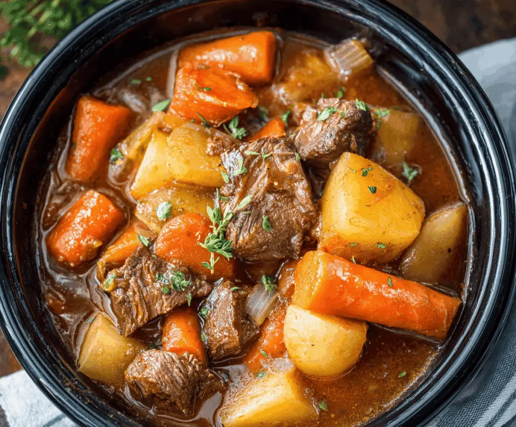 Hearty slow cooker beef stew with tender beef chunks, carrots, potatoes, and herbs in a flavorful broth