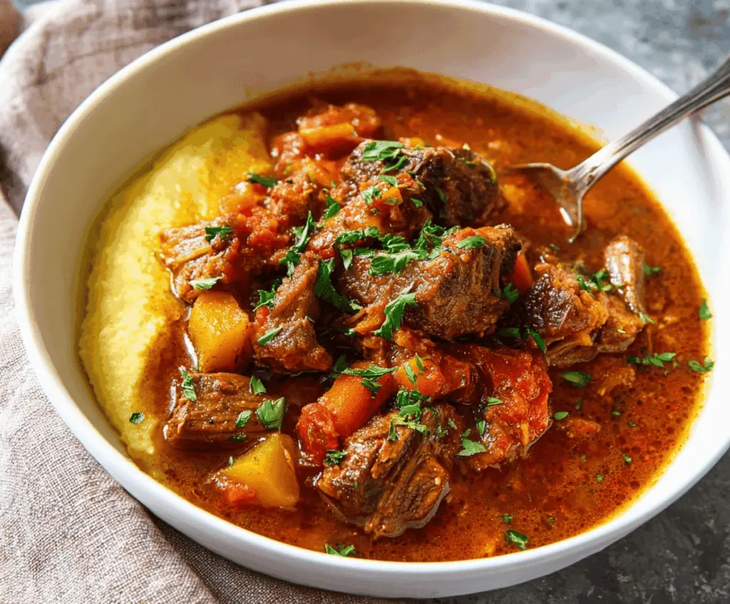 Hearty Slow Cooker Italian Beef Stew with tender beef chunks, vegetables, and herbs in a rich broth served in a bowl.