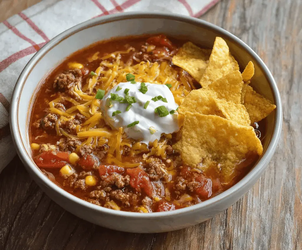 Delicious homemade Slow Cooker Taco Soup with ground beef, beans, corn, tomatoes, and seasoned spices in a bowl, ready to serve.