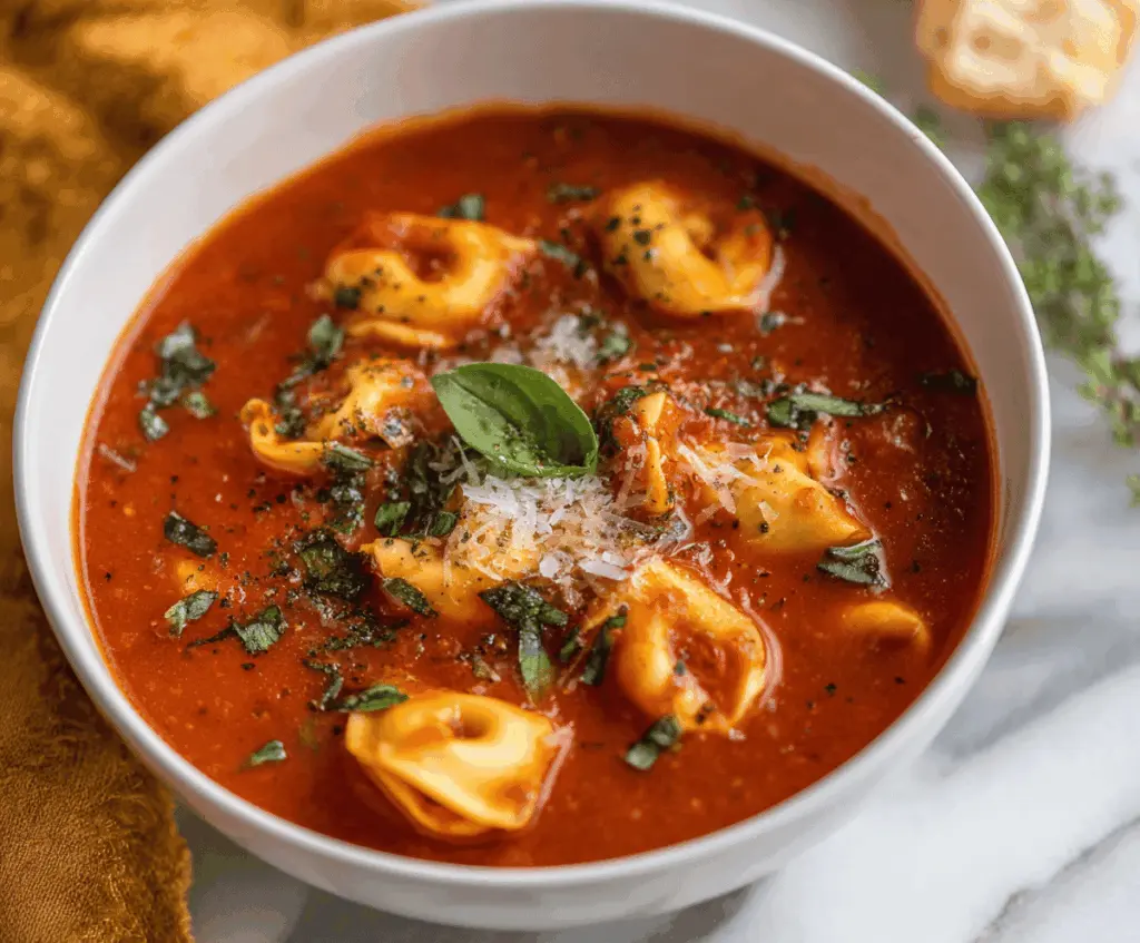 Creamy slow cooker tomato tortellini soup garnished with fresh basil and grated Parmesan cheese in a bowl, perfect for a comforting meal