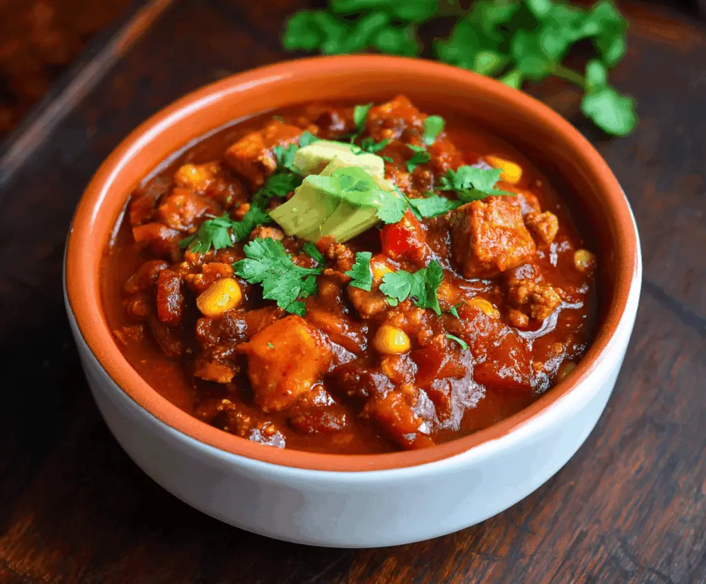 Spicy smoky chipotle turkey chili topped with fresh herbs in a bowl, served with crusty bread