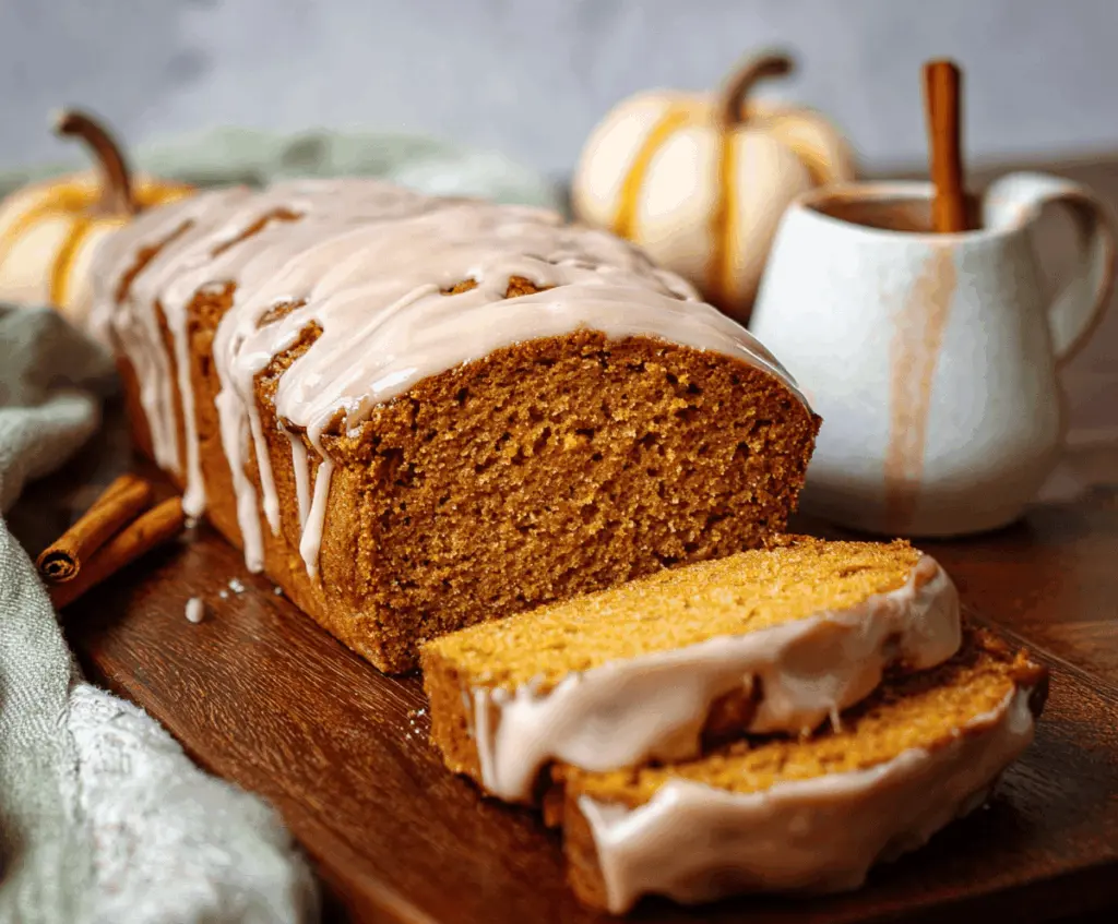 Delicious spiced pumpkin bread topped with cinnamon glaze on a rustic wooden table, perfect for fall baking