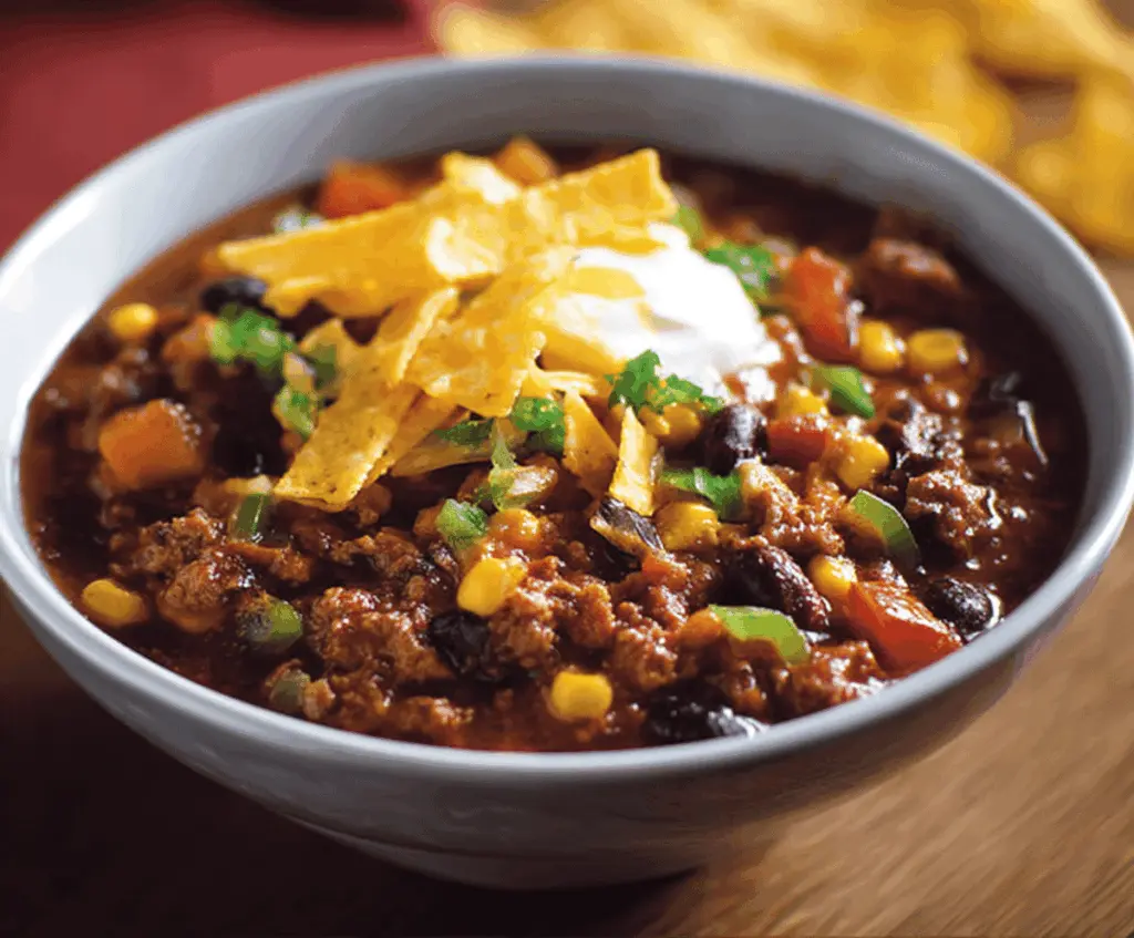 A bowl of spicy Southwest chili featuring corn, colorful bell peppers, and seasoned ground meat, garnished with fresh herbs and served with a side of crusty bread.