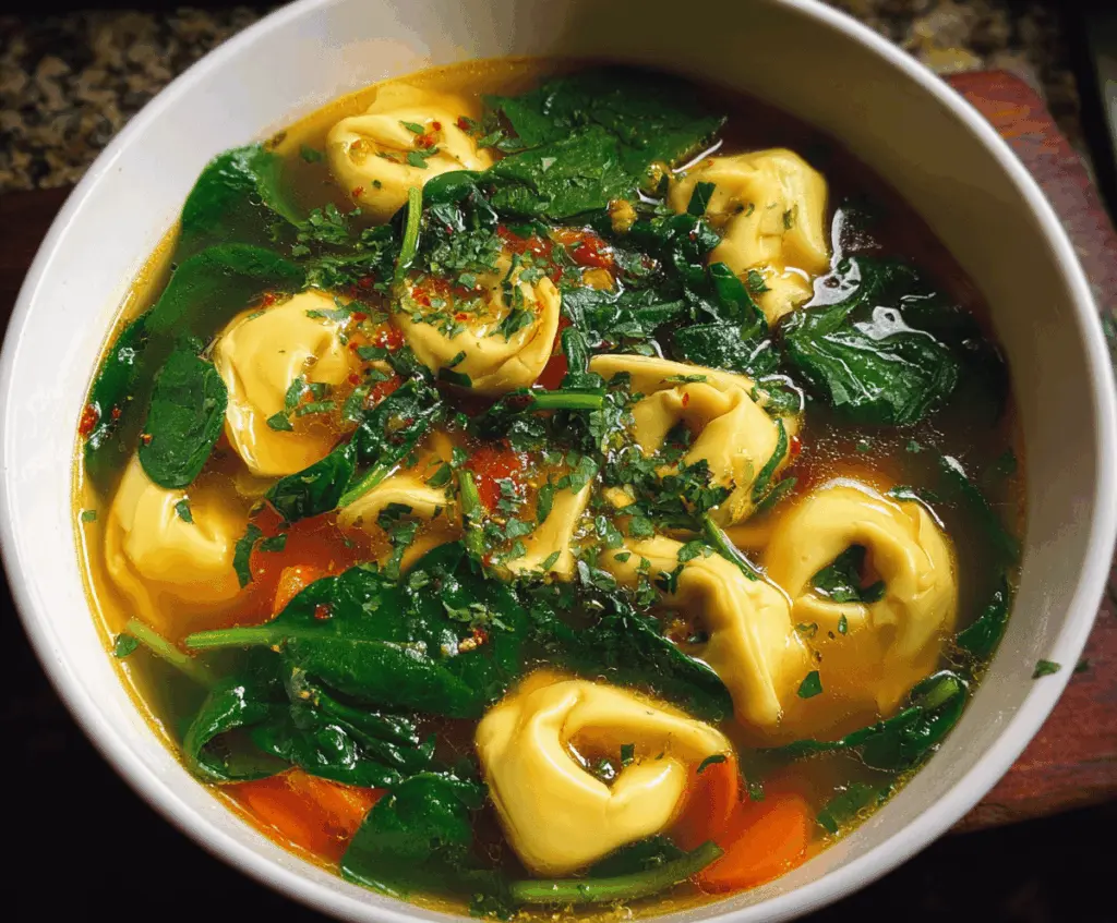 A steaming bowl of spinach tortellini soup with fresh spinach, tortellini pasta, and a savory broth garnished with herbs, served in a white ceramic bowl.