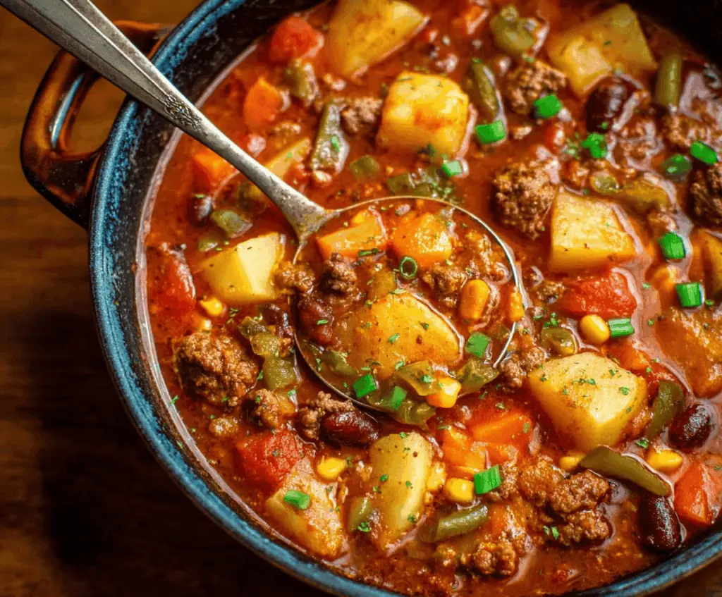 Hearty Texas Cowboy Stew with tender beef, vegetables, and spices in a rustic bowl