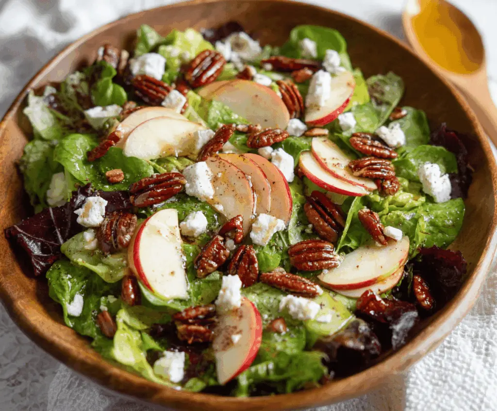Fresh TikTok Apple Goat Cheese Pecan Salad featuring crisp apple slices, creamy goat cheese, toasted pecans, and mixed greens, perfect for a light and flavorful appetizer or side dish.