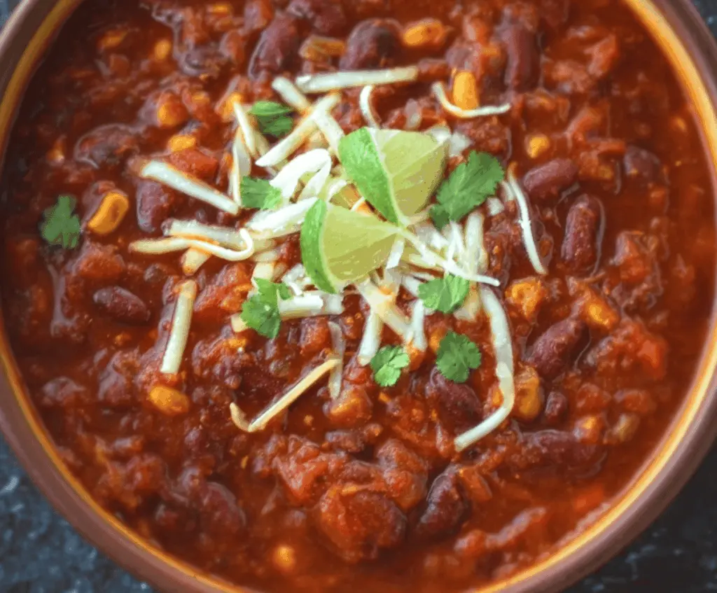 Colorful vegetarian three-bean chili in a bowl garnished with fresh herbs, featuring kidney beans, black beans, and pinto beans with diced tomatoes and spices.