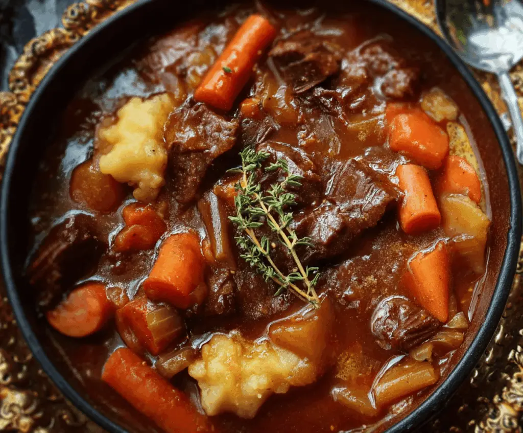 Hearty Witches Cauldron Beef Stew in a black cauldron with vegetables and tender beef, perfect for Halloween-themed meals