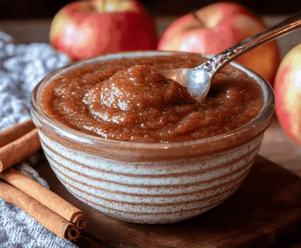 Creamy homemade apple butter spread on a rustic wooden spoon, ready to enjoy on toast or pancakes