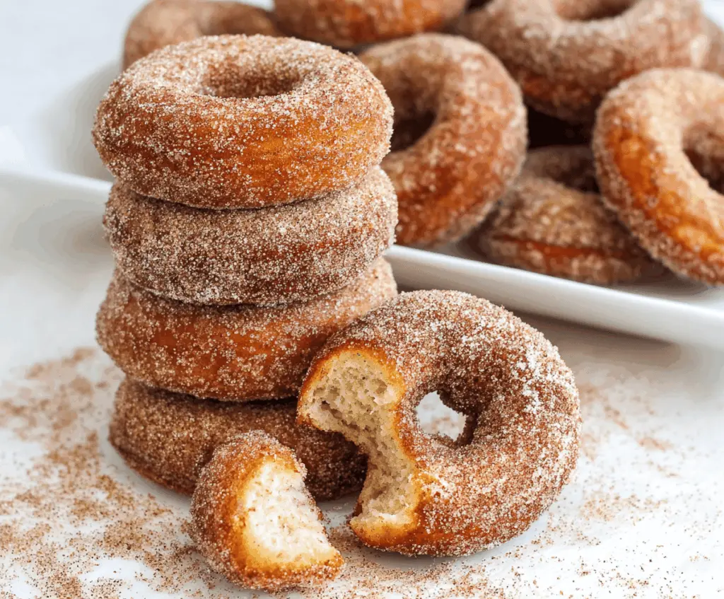 Delicious homemade apple cider donuts on a rustic plate with cinnamon and apple slices, perfect for fall baking
