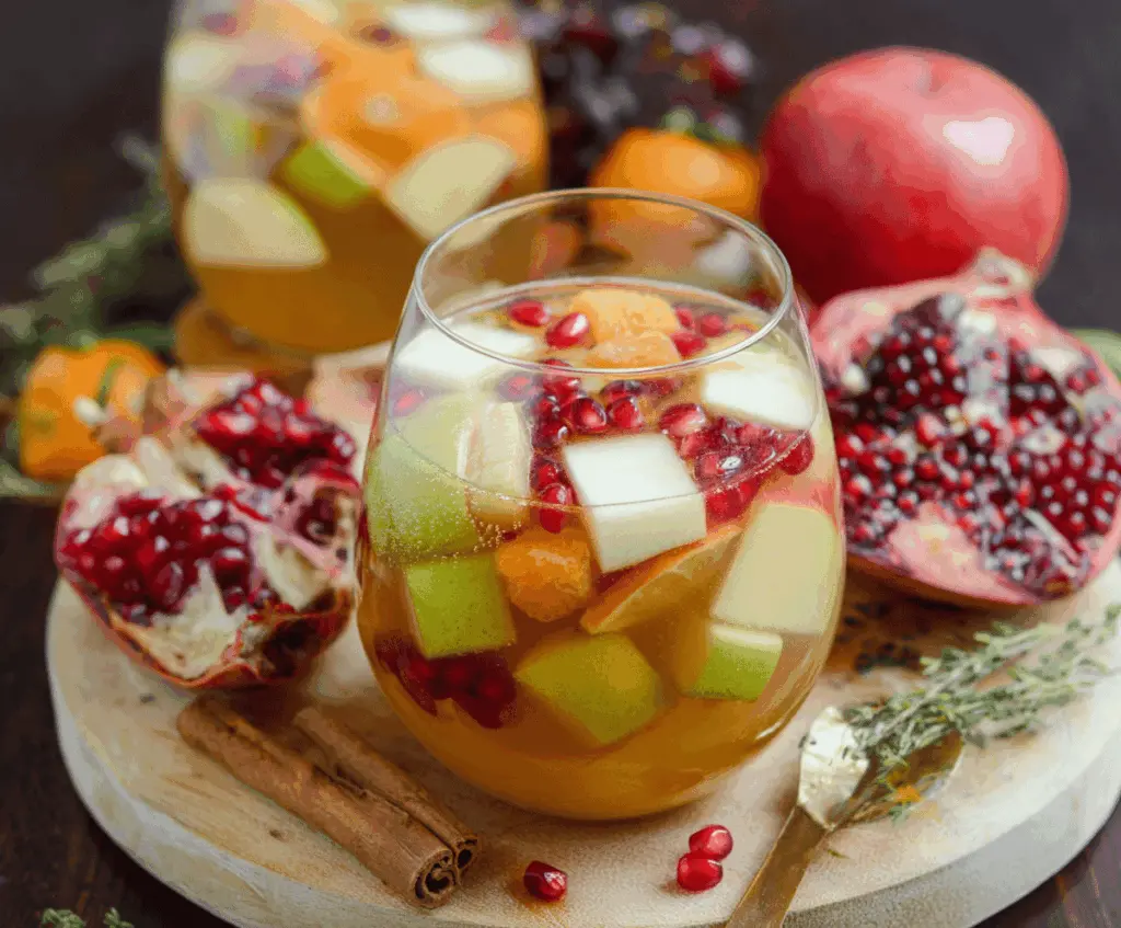 Refreshing Apple Cider Sangria with Fresh Fall Fruits in a glass pitcher, featuring sliced apples, oranges, and seasonal berries for a festive autumn drink.