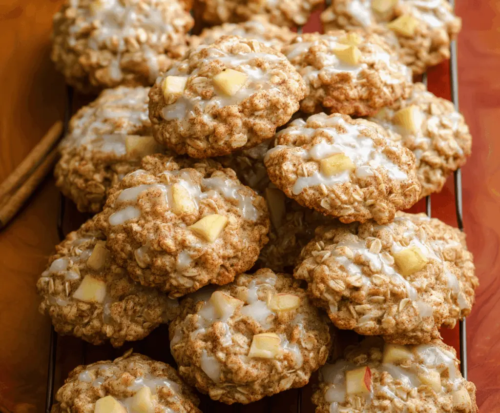Delicious homemade apple cinnamon oatmeal cookies with golden-brown edges and a soft, chewy texture, perfect for a cozy snack or dessert.