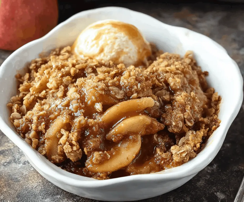 Delicious homemade apple crisp topped with crunchy oat streusel, served warm with a scoop of vanilla ice cream.
