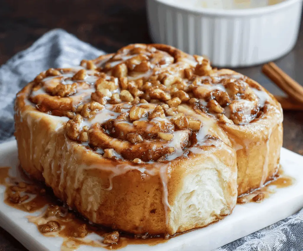 Delicious apple pie cinnamon rolls with golden-brown tops, topped with powdered sugar and cinnamon, served on a rustic plate for a warm, flavorful breakfast or dessert.