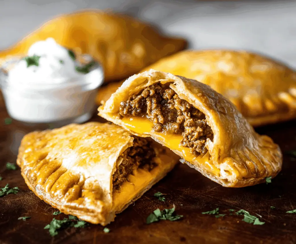 Delicious homemade beef and cheese empanadas with golden, flaky crust and savory filling ready to serve.