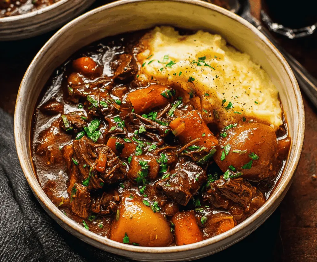 Hearty beef and Guinness stew with tender meat, vegetables, and rich gravy in a rustic bowl