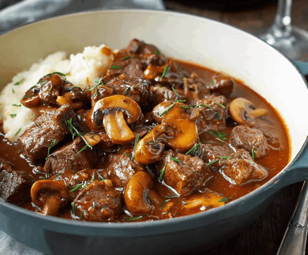Hearty beef and mushroom stew in a rustic bowl with fresh herbs, perfect for a comforting meal.