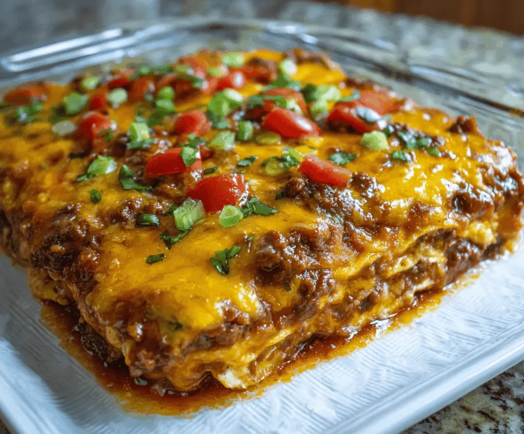 Delicious Beef Enchilada Casserole topped with melted cheese and garnished with fresh cilantro, served in a baking dish.